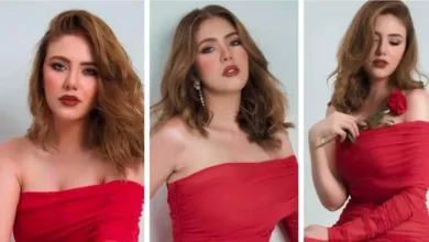 رحمة حسن تتألق بفستان أحمر ناري في أحدث جلسة تصوير لها