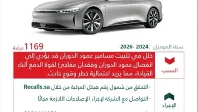 وزارة التجارة تستدعي 1169 سيارة من طراز لوسيد إير بيور موديلات 2024 – 2026