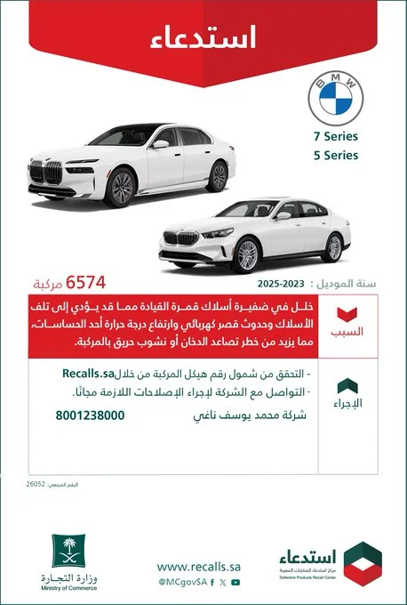 استدعاء 6574 سيارة من طراز بي ام دبليو موديلات 2023-2025 من قبل وزارة التجارة
