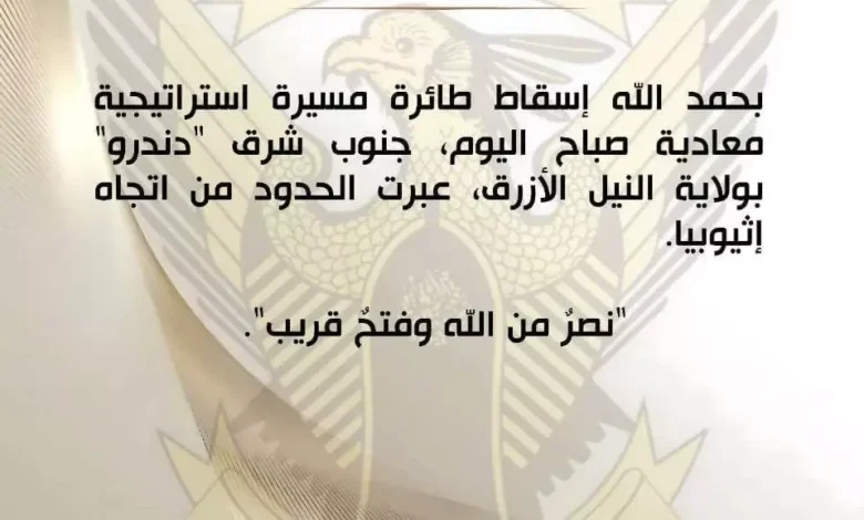 الجيش السوداني يسقط طائرة مسيرة معادية قادمة من إثيوبيا في النيل الأزرق