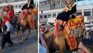 مشجع يرتدي ملابس فرعونية ويصل الملعب على ظهر جمل لمؤازرة محمد صلاح