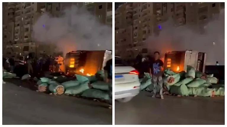 انقلاب سيارة نصف نقل واحتراقها على الطريق الدائري في العراق