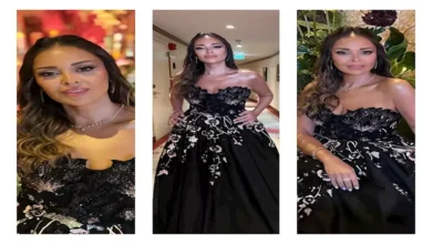 داليا البحيري تتألق بفستان أسود ساتان مزين بتطريزات فضية وردية